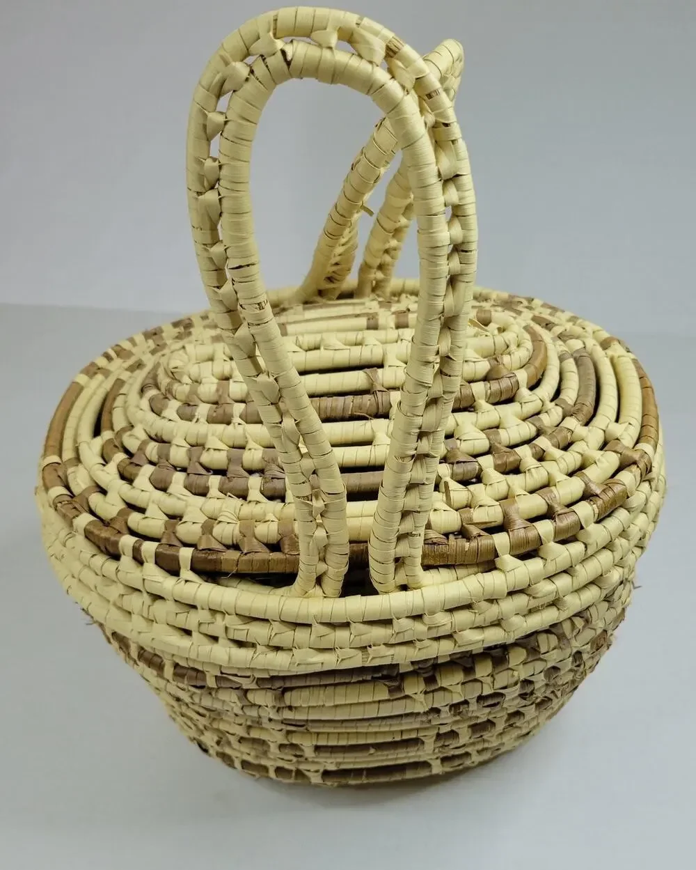 Wrapped Straw Basket Coiled Large Lid Handles Approx 11” X 11” Boho